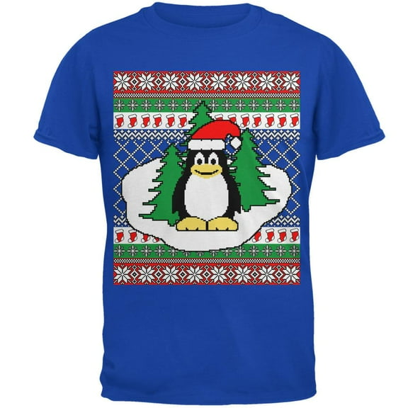 Penguin on Ice Ugly Christmas Sweater Mens Soft T Shirt Royal X-LG