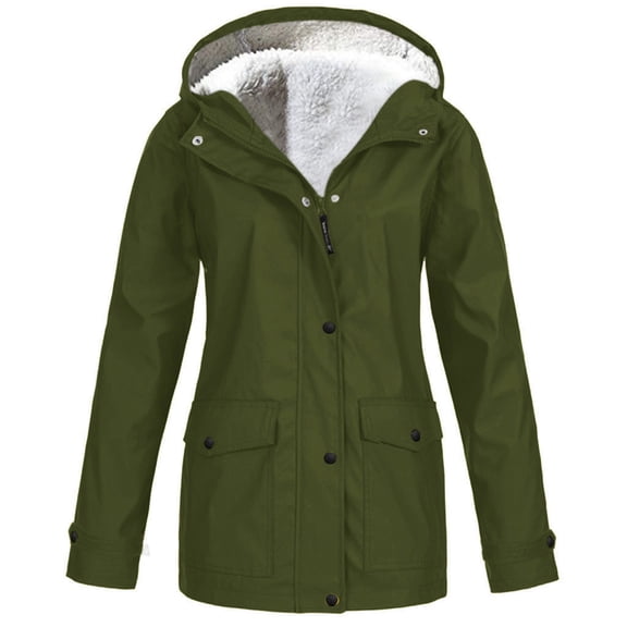 WTOBBY Women's Plush Lined Waterproof Jacket - Thickened Hooded Sun Protective Coat for Cold Weather Outdoor Activities and Winter Sports ,Army Green L