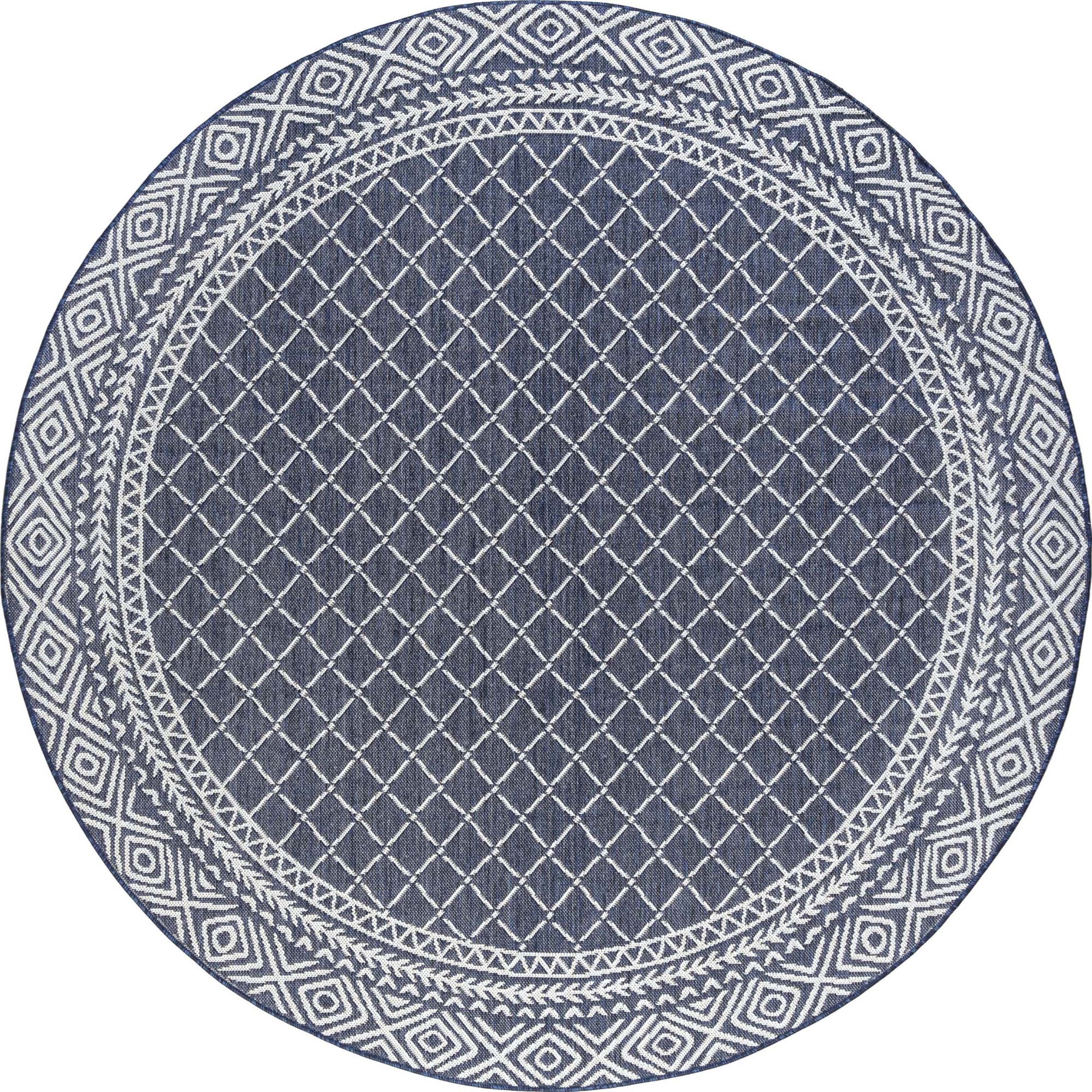 8ft Round Water Resistant, Large Indoor Outdoor Rugs for Patios, Front Door Entry, Entryway, Deck, Porch, Balcony | Outside Area Rug for Patio | Navy, Diamond | Size: 7'11'' Round