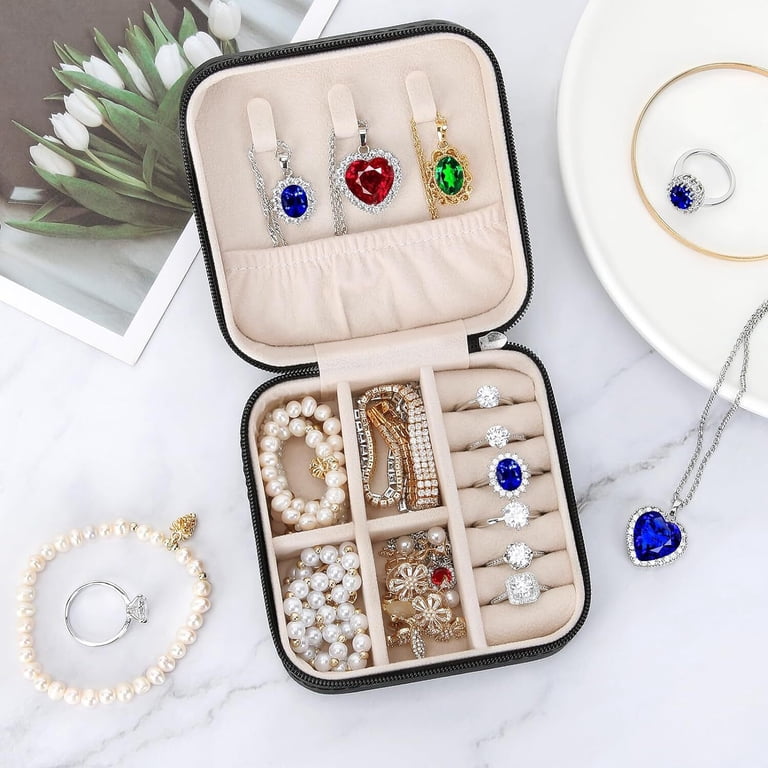 Mini Travel Jewelry Box - PU Leather Case With 3 Silver Polishing Cloths - Organizer For Rings, Earrings, Necklaces