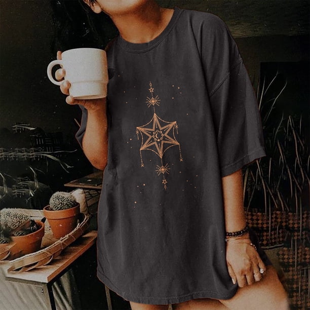 Puntoco Blusa de manga corta con estampado de calavera, sol y luna, estilo vintage, para mujer Puntoco Puntoco-3070