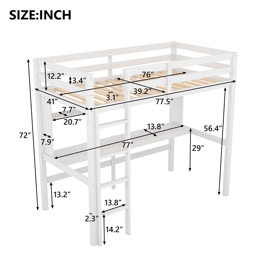 Kadyn Twin Size Loft Bed with Convenient Desk/Shelves/Ladder, White
