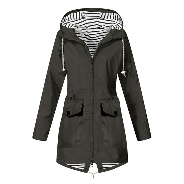 Clearance under 15 Turilly Women s Coats and Jackets on Sale Women Solid Color Rain Jacket Outdoor Hooded Windproof Loose with Pocket Coat