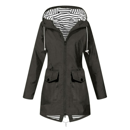 Brglopf Raincoat Women Waterproof Long Hooded Trench Coats Lined Windbreaker Travel Jacket Solid Color Drawstring Outwear Coat Dark Gray XXL Brglopf Raincoat Women Waterproof Long Hooded Trench Coats Lined Windbreaker Travel Jacket Solid Color Drawstring Outwear Coat Dark Gray XXL