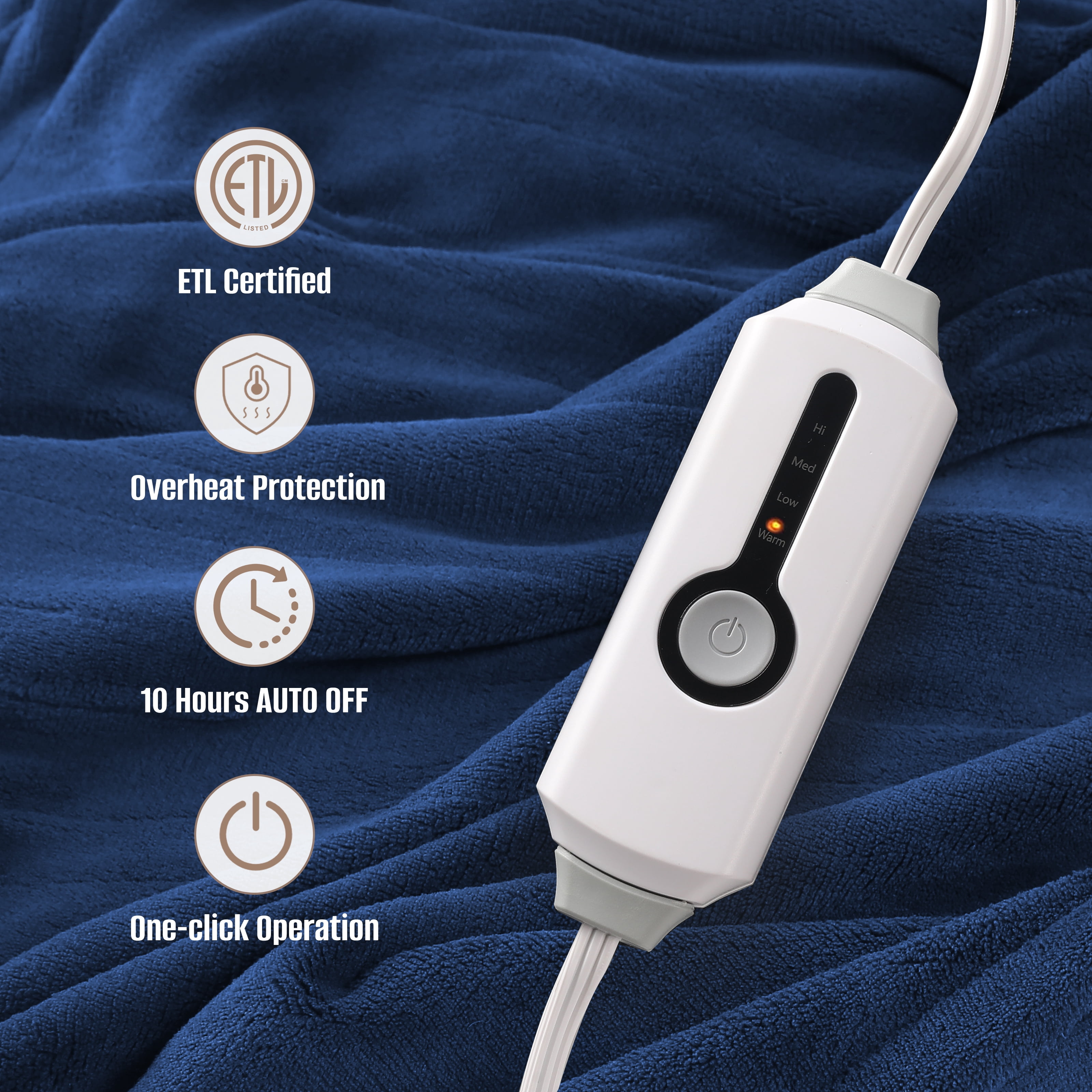 YAKEE Electric Heated Blanket 84"x90" Queen Size with Dual Control, 4 Heat Levels, 10-Hour Auto-off, Soft Coral Fleece, Overheat Protection, Blue