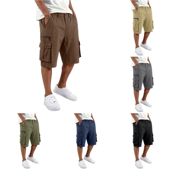 XFeng Men Black Cargo Shorts Zipper Button Pockets Loose Knee‑Length Casual Outdoor Shorts