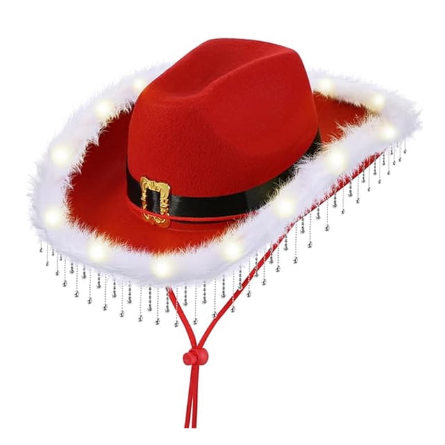 Sombrero de vaquero rojo con luces LED, ribete de strass y plumas