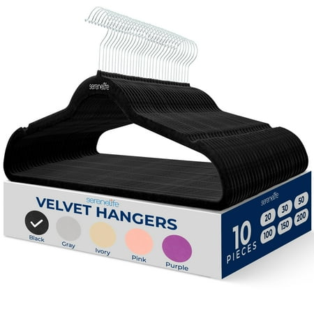 SereneLife Velvet Hangers 10 Pack - Non-Slip Felt Hangers with 360° Swivel Hook - Ultra-Thin, Lightweight Velvet Hangers for Shirts, Sweaters, Hoodies, Kids Clothes & Dresses - Space-Saving, Black