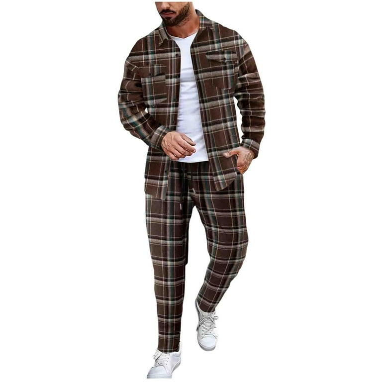 VBTAPA Mens Plaid Tracksuit Set Trendy Casual 2 Piece Outfit Long