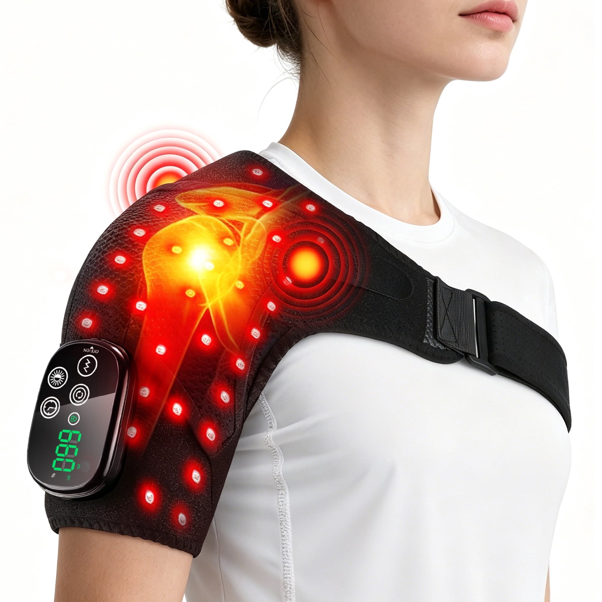 Heated Shoulder Brace with Massage, Cordless Rechargeable Shoulder Heating Pad with Vibration, Electric Shoulder Massager with 4 Heat & 3 Vibration Modes, Timer for Women Men