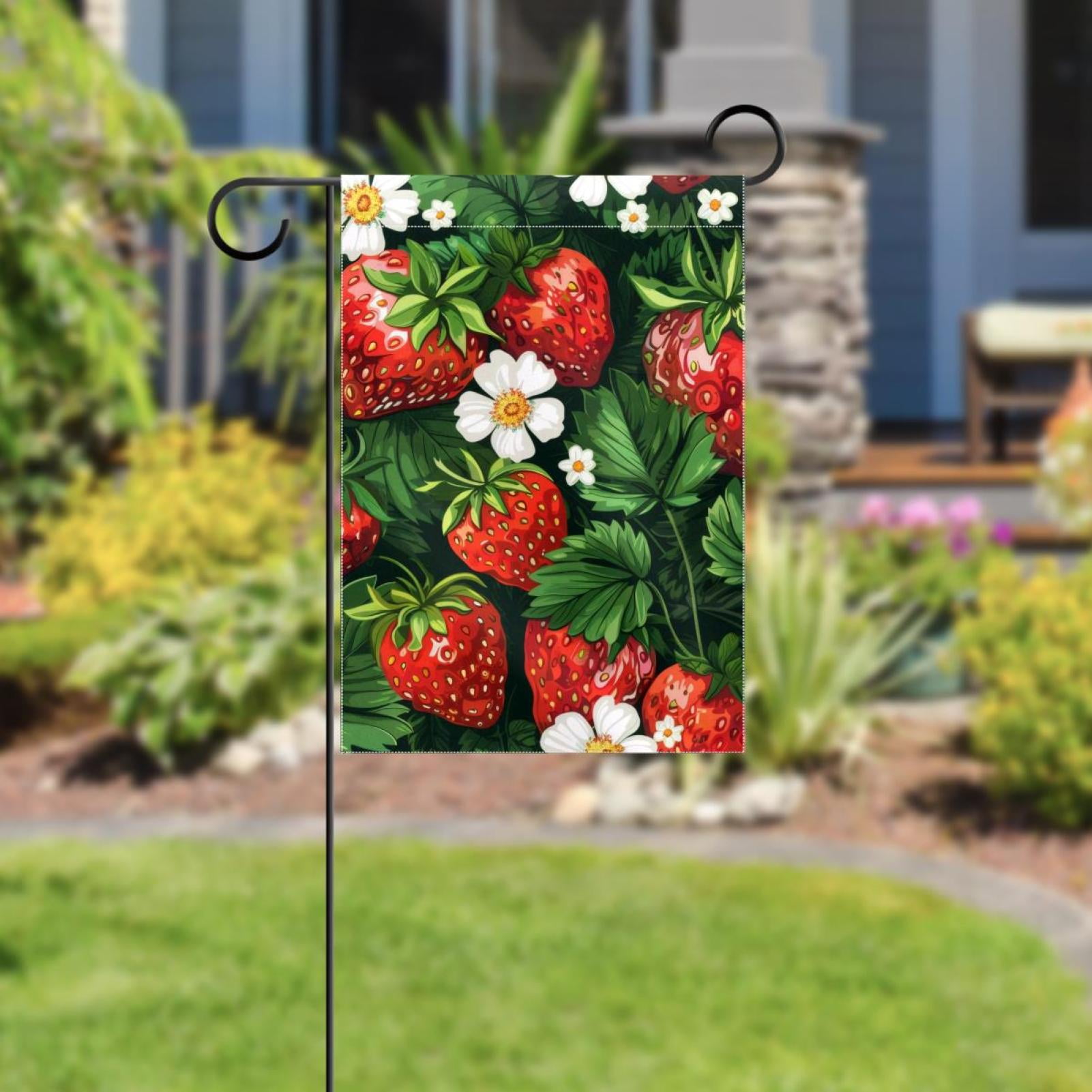 Garden Fruits Strawberries with Flowers Double Sided Garden Flag Decorative Weather Resistant Yard Flag, Large DIY Vertical Flag for Farmhouse Patio Lawn, 28x40 Inch