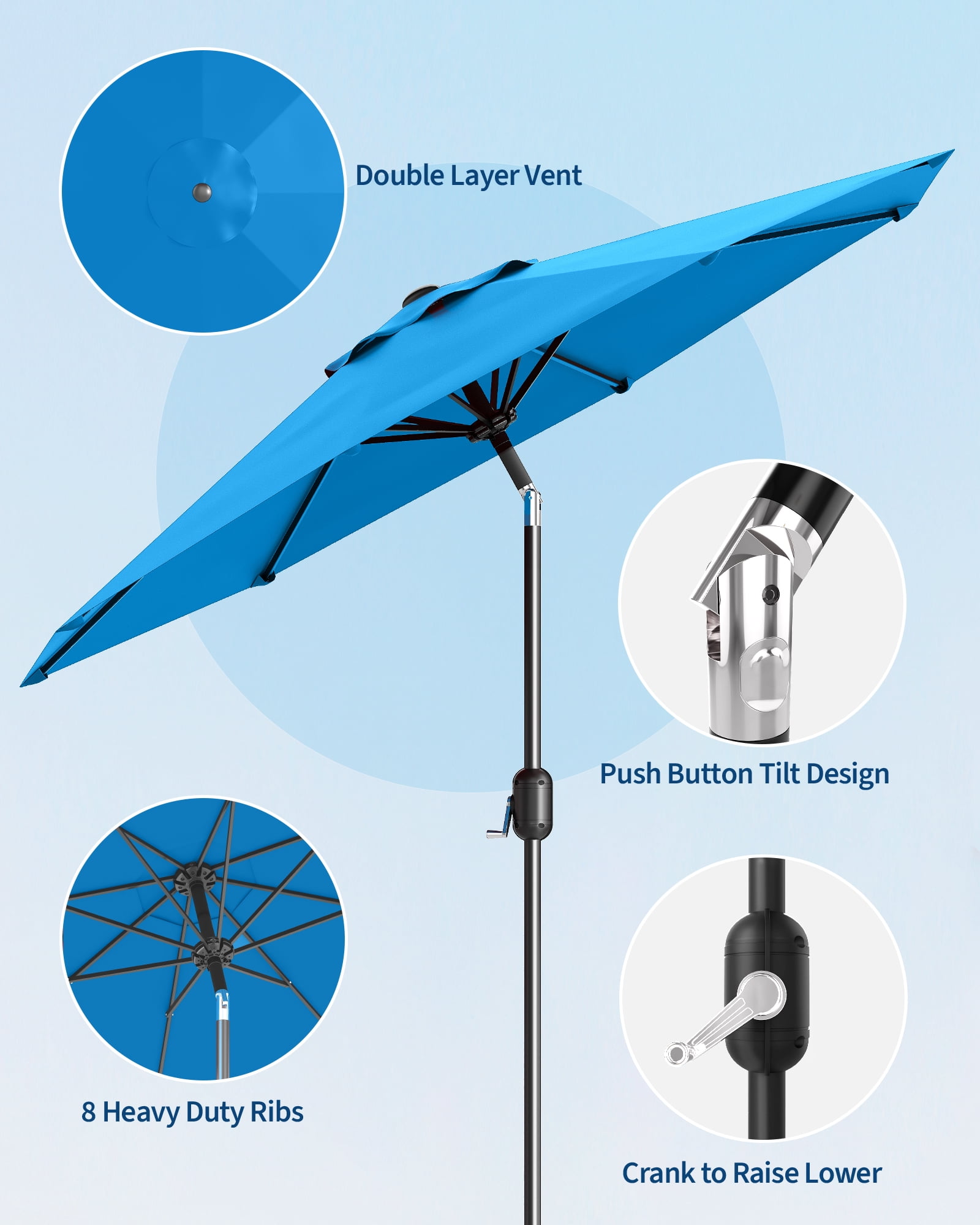 9FT Outdoor Patio Umbrella with Push Button Tilt and Crank, Market Umbrella 8 Sturdy Ribs UV Protection Waterproof Heavy-Duty Pool Umbrella for Deck, Backyard,Garden