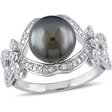 9-9.5mm Black Round Tahitian Pearl and 1/6 Carat T.W. Diamond 10kt White Gold Infinity Design Cocktail Ring