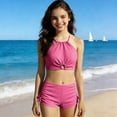 thumbnail image 2 of Pandaie Girls' Bandeau Bikini 2-Piece Swimsuit Solid Color Halter Tankini Kids Tank Tops Drawstring Shorts Bathing Set for Beach Vacation 13-14 Years Pink, 2 of 9