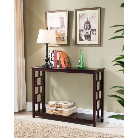 Kings Brand Furniture Wood Console Table with Lower Shelf, Geometric Pattern, Dark Cherry