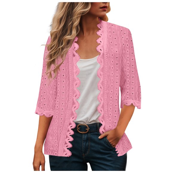 Gubotare Women's Cardigan Long Sleeve Casual V-Neck Soft Knit Lightweight Hollow Out Cardigans Sweater (Pink,S)