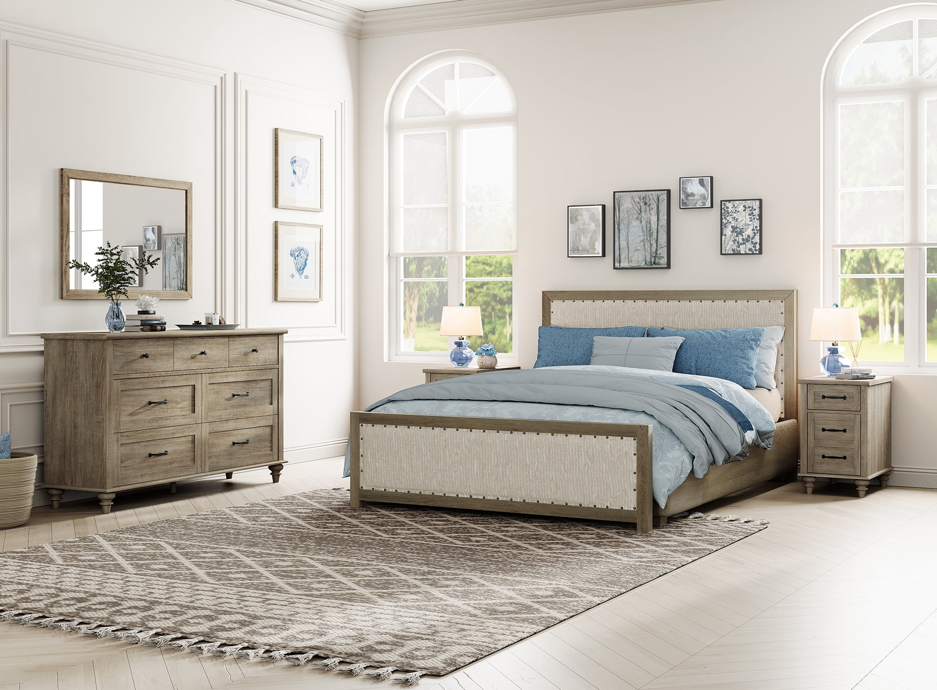 3 Piece Dresser and Nightstand Sets, Farmhouse Dresser with 7 Drawers, Set of 2 Night Stands with Charging Staion & Cabinet, 3 Piece Bedroom Set, Grey