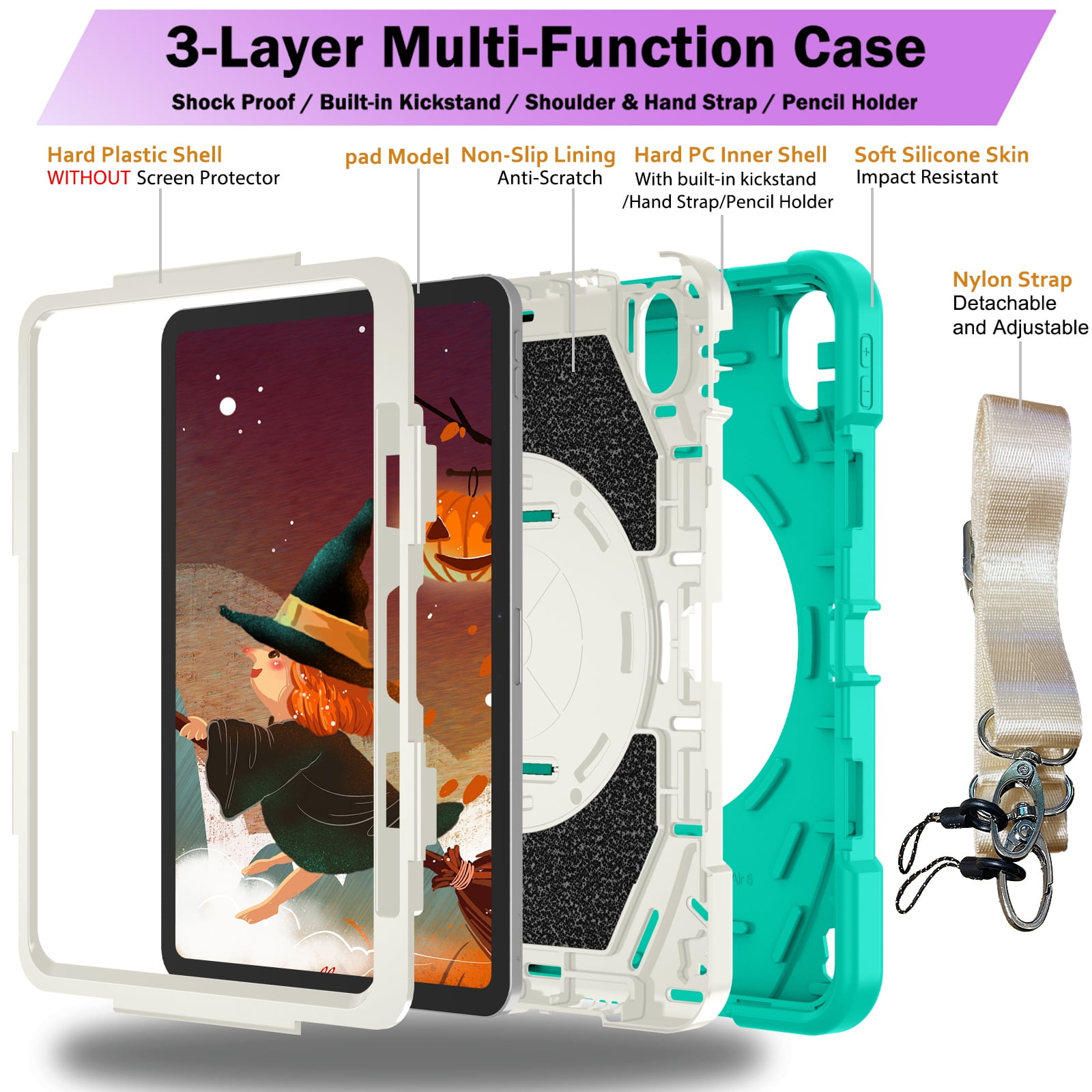 ELEHOLD Case for Apple iPad Air 11 (2024), Heavy Duty Shockproof Case with Pencil Holder/Stand/Hand Strap/Shoulder Belt, Rugged Protective Cover for Boys Girls,Mint