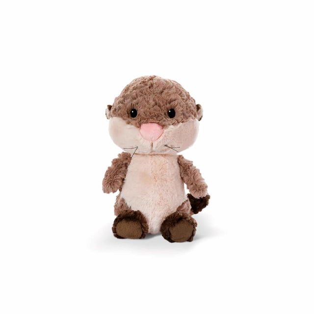 nutria niña odalina 25cm Peluche Hipoalergenico NICI, vista frontal centrada de 25 cm, peluche color café con vientre y rostro beige, nariz rosa bordada, ojos negros y patas café oscuro, felpa rizada; fondo blanco. Lavado a mano o en lavadora; no usar secadora, secar al aire. También suele usarse como pieza de colección blanda.