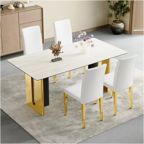 JERFIT Set of 4 White and Gold PU Leather Dining Chairs, Modern Upholstered Side Chairs with Metal Legs for Kitchen, Office, Conference Room