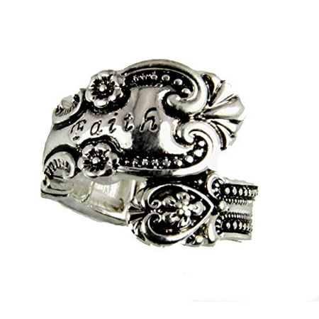 Spoon Style Stretch Ring FAITH Inscribed Antiqued Finish Jewelry