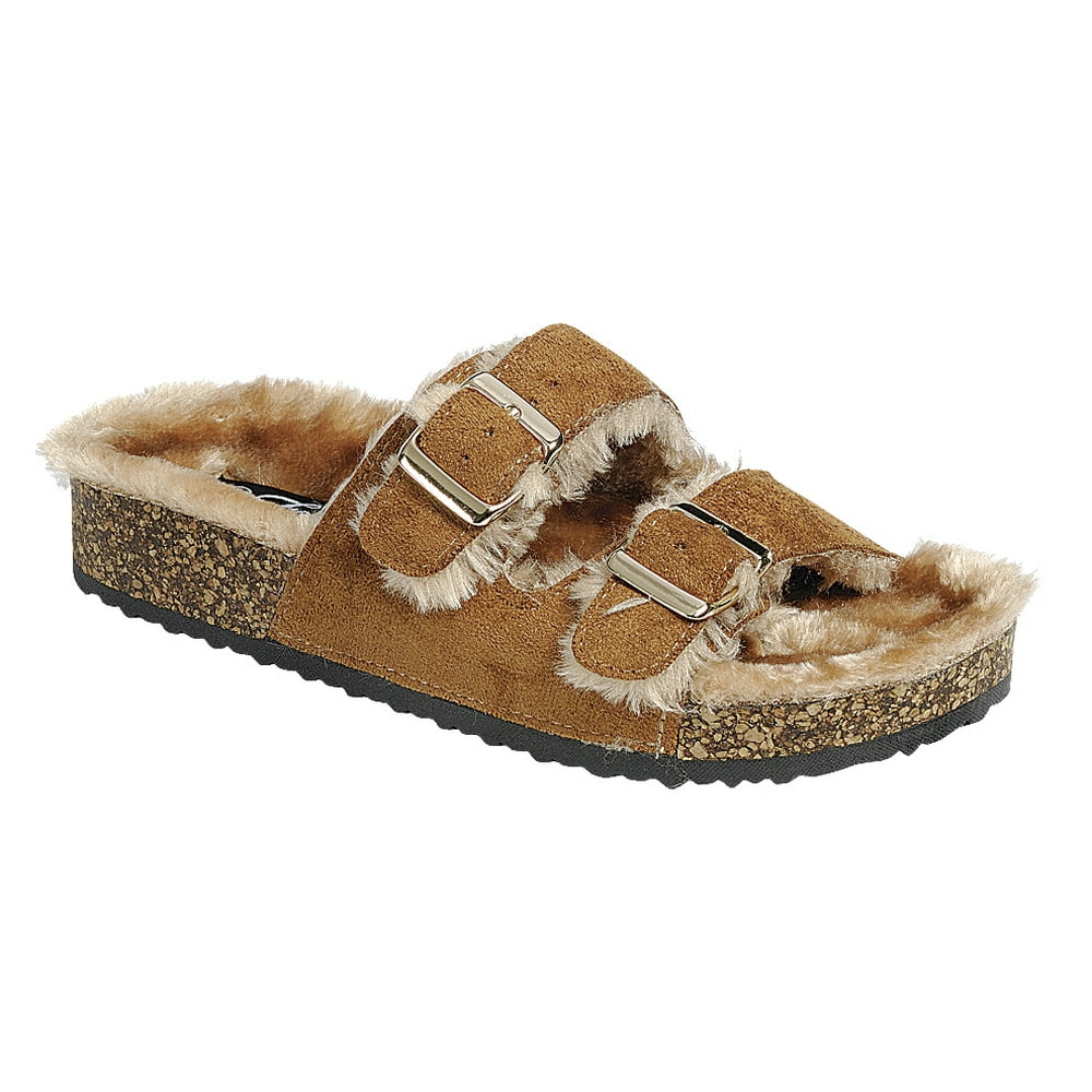SNJ New Faux Fur Lining Slide Buckle Double Strap Flat Molded Footbed