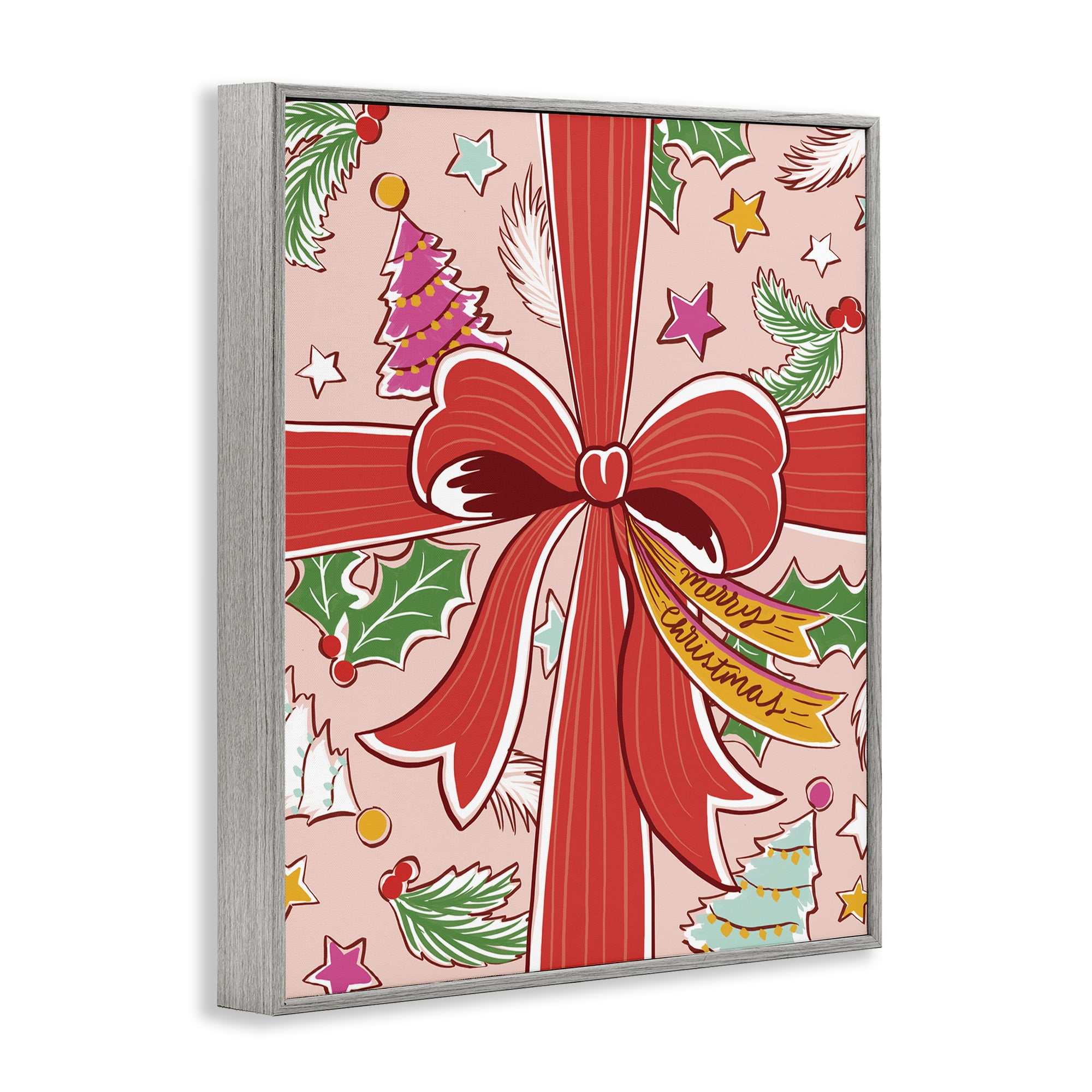 Stupell Industries Christmas Bow and Trees Holiday Painting Gray Framed Art Prints Wall Art, 11 x 14