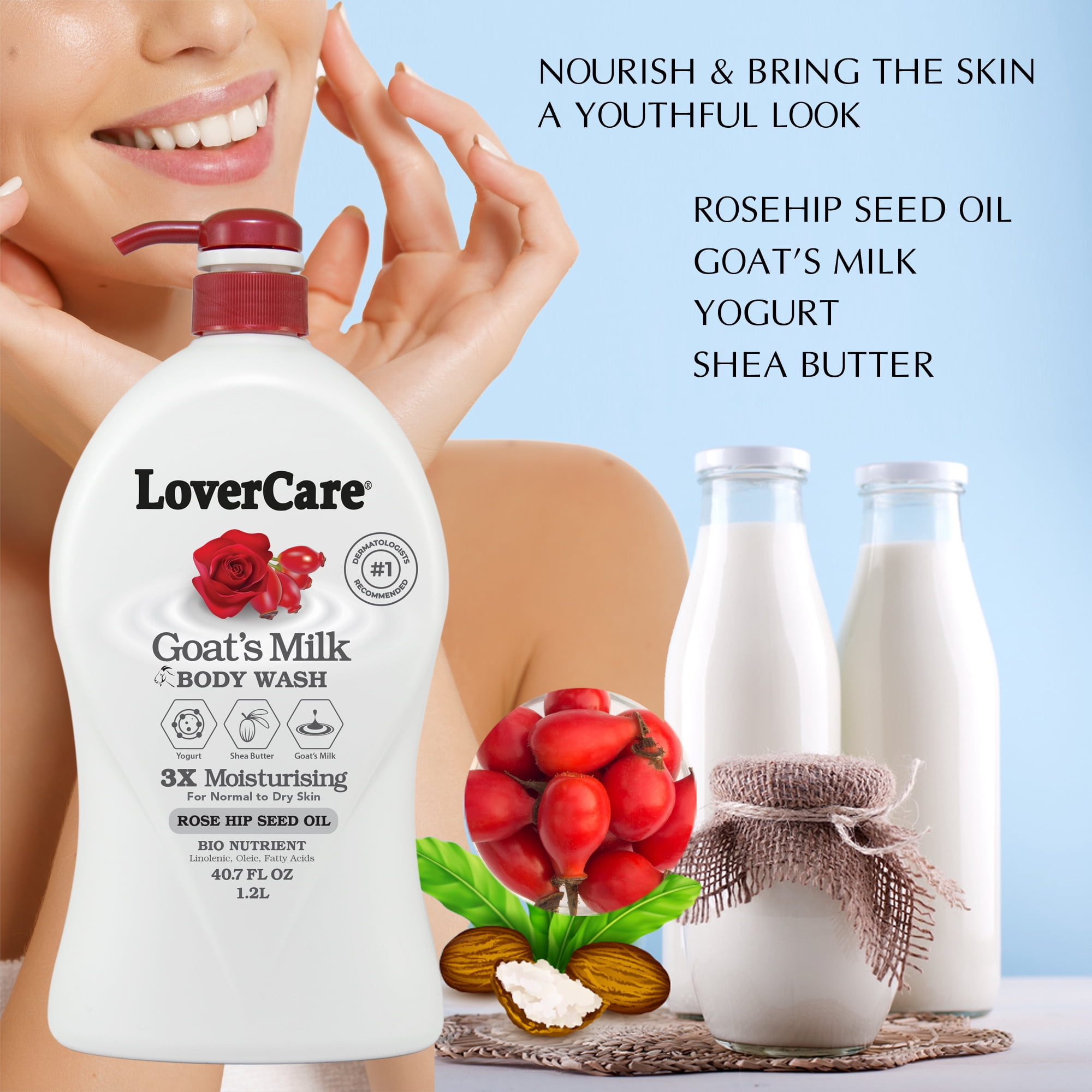 (2 pack) LoverCare Goat's Milk Body Wash Rose Hip Seed Oil 40.7 fl oz