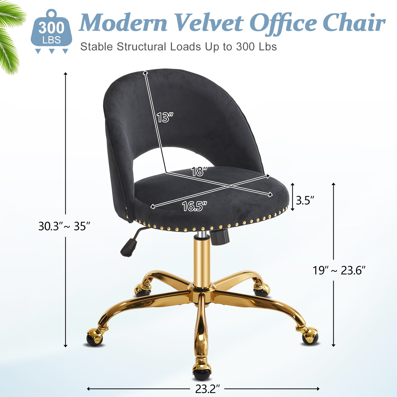 Ktaxon Office Desk Chair Adjustable Flannel Computer Task Chair Small Rolling Vanity Stool with Wheels for Study Make-up Dressing Black