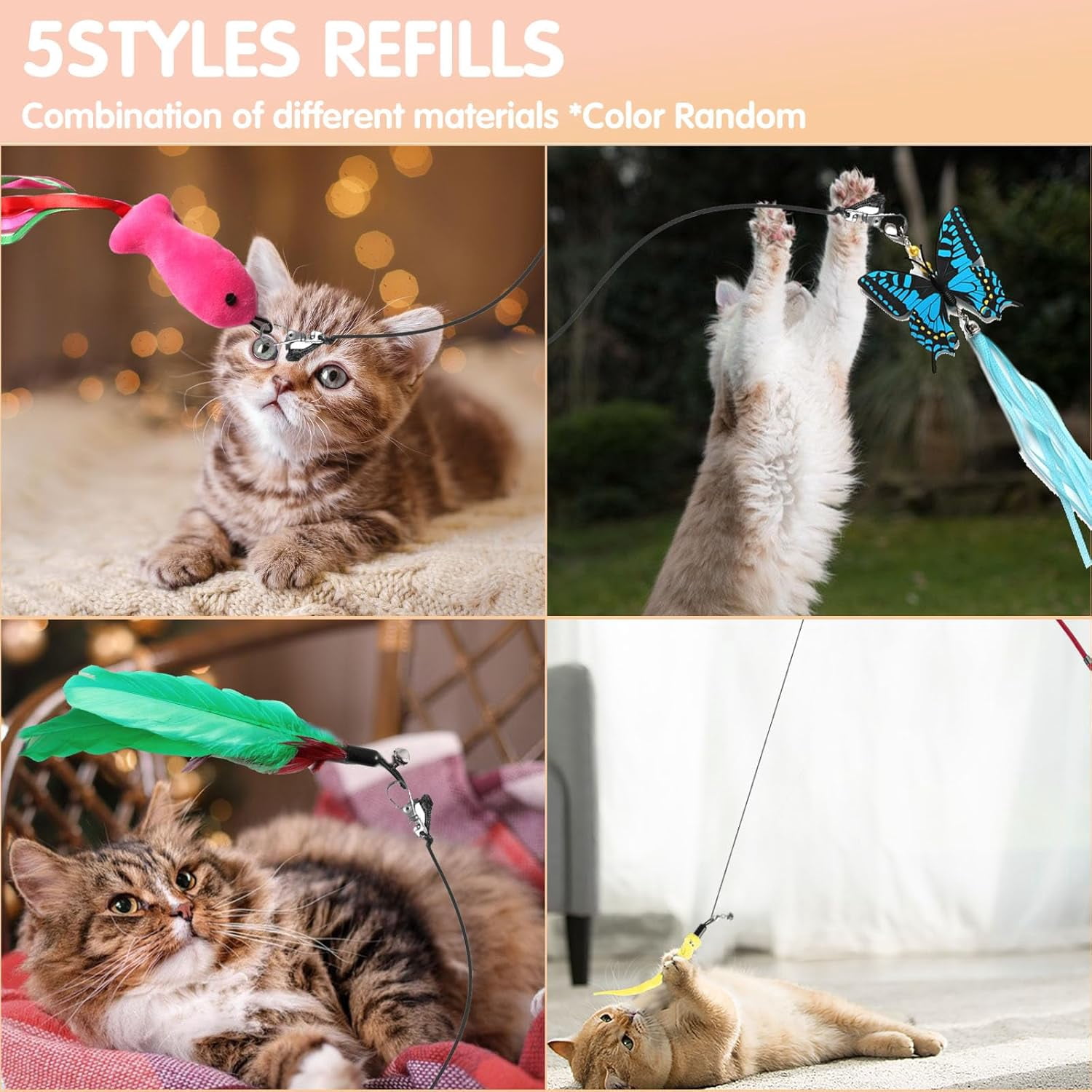 Cat Wand Toys Interactive Kitten Toys for Indoor Cats Colorful Teaser Wand String for Exercise Kitten Stick Kitty Rope Toy Rainbow Ribbon Cat Charmer -2Pcs