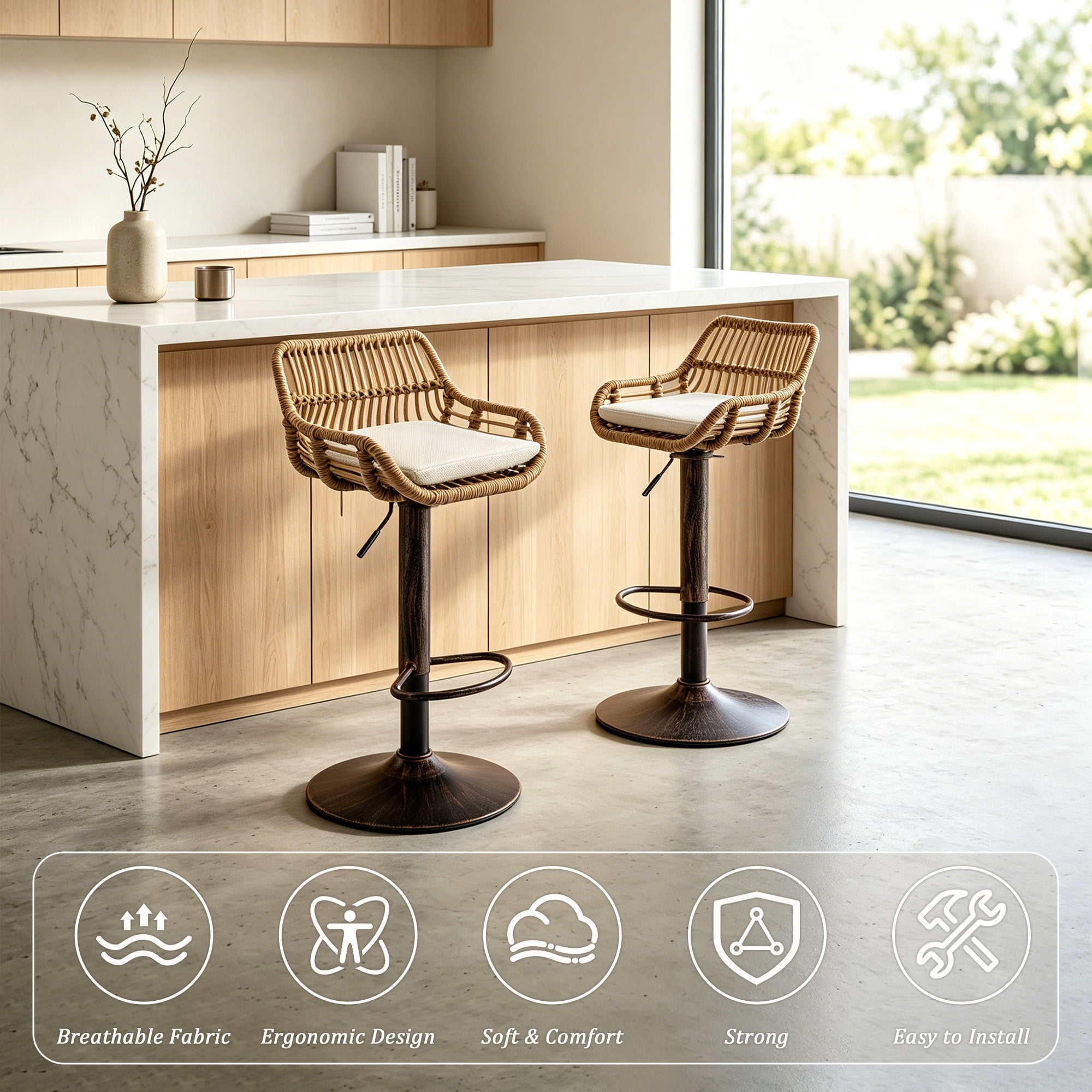 MOONMISS Swivel Bar Stools Set of 2, Modern Adjustable Counter Height Barstools with Back, Rattan Bar Chairs with Cushions & Metal Footrest, Pub Stools for Kitchen, Bar, Dining Room,Beige