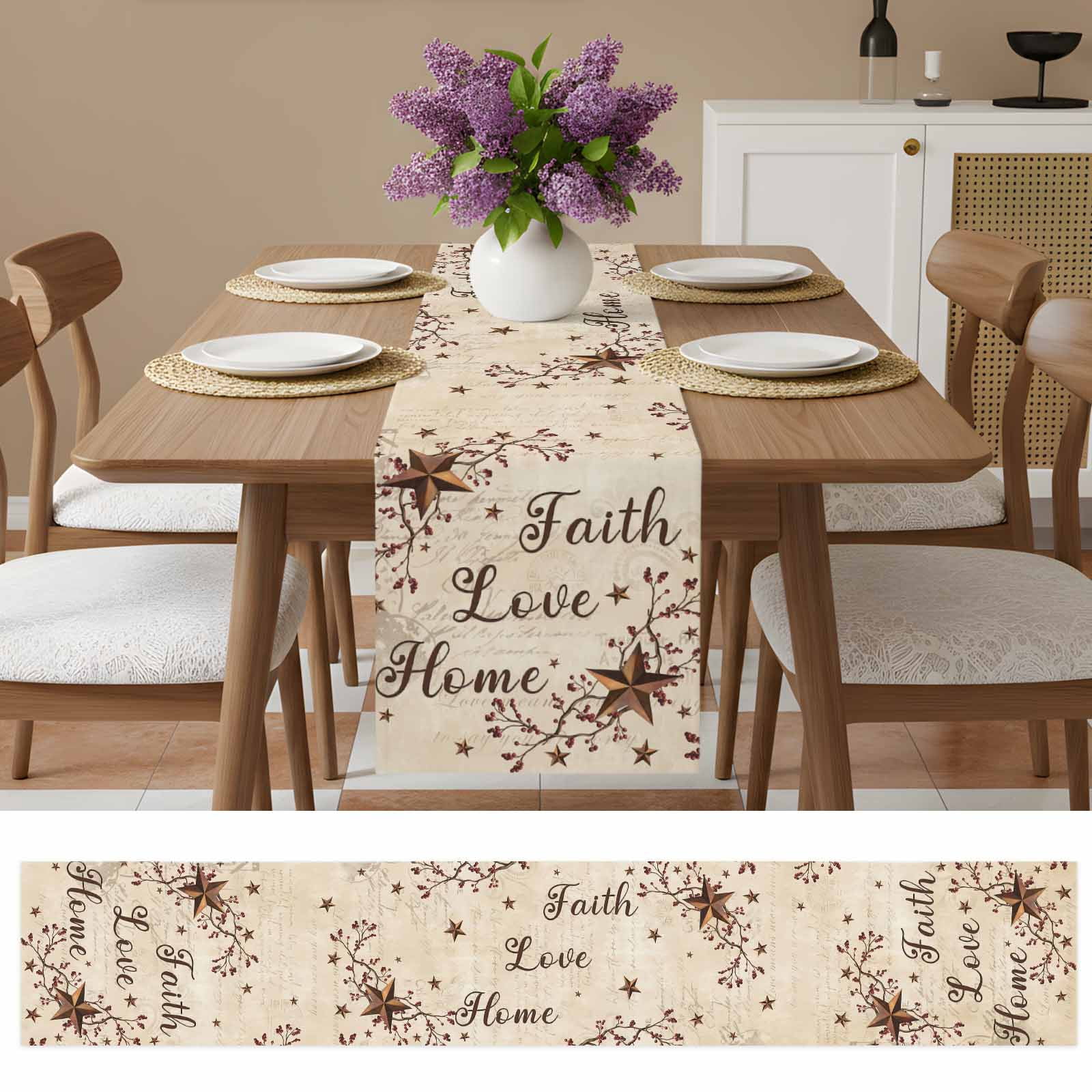 Brown Farmhouse Cotton Linen Table Runner for Dining Kitchen, Retro Country Stars Rustic Branches Berry Wedding Outdoor Party Tablerunners, Dresser Scarf Coffee Tablecloth Runners 13x120 Inches
