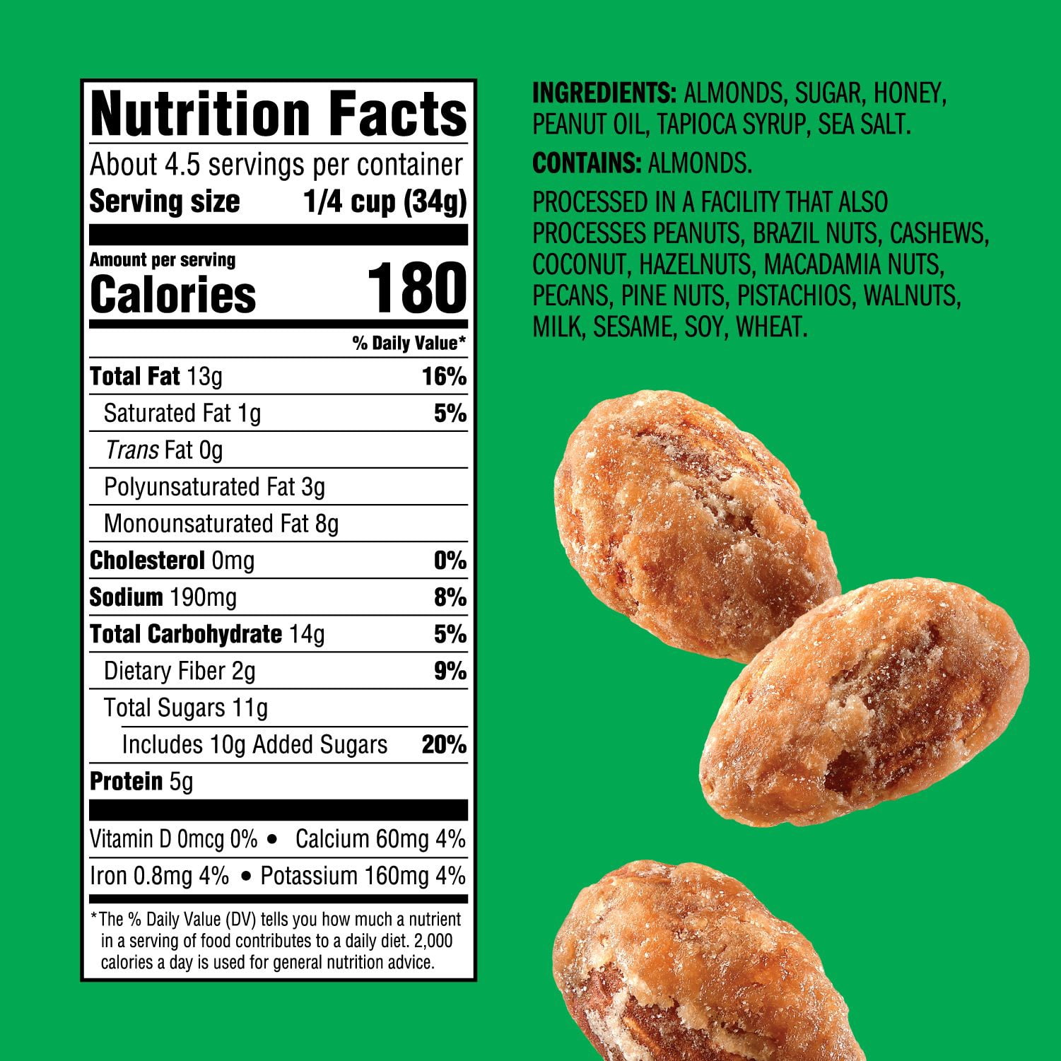 Emerald Nuts, Honey Glazed Almonds, 5.5 oz, Resealable Bag (Pack of 3)
