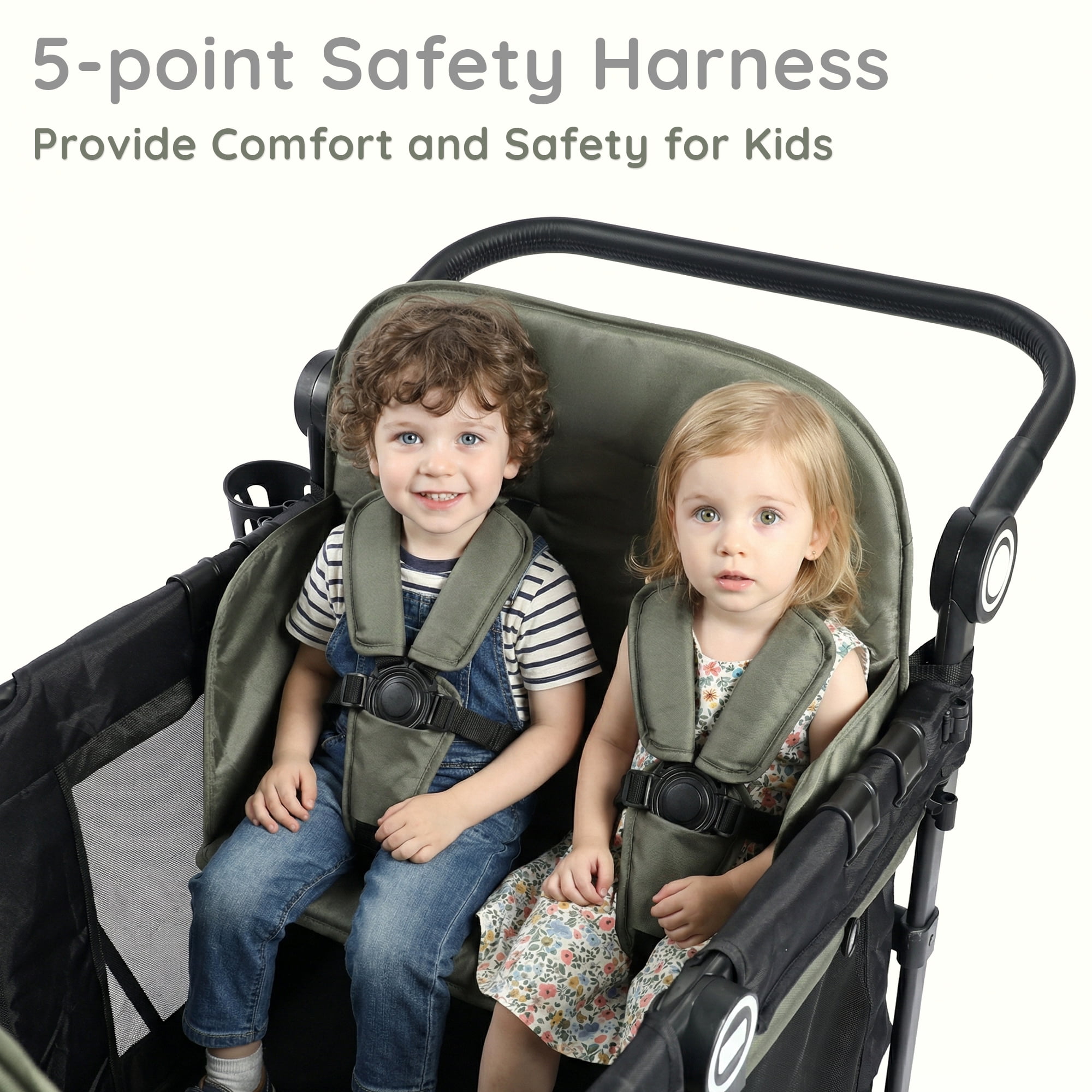 LINLUX Wagon Stroller for 4 Kids, Stroller Wagon 4 Seats w/Adjustable Handle, Detachable Tray, Green