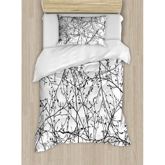 Nature Duvet Cover Set Twin Size, Branches with Leaf Buds Springtime Woodland Countryside Nature Monochromic Design, Decorative 2 Piece Bedding Set with 1 Pillow Sham, Balck White, by Ambesonne