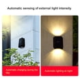 thumbnail image 4 of Lámpara solar de pared con iluminación hacia arriba y hacia abajo para exteriores, IP65, decoración moderna para el hogar, jardín, porche, color negro, paquete de 2 unidades., 4 of 9