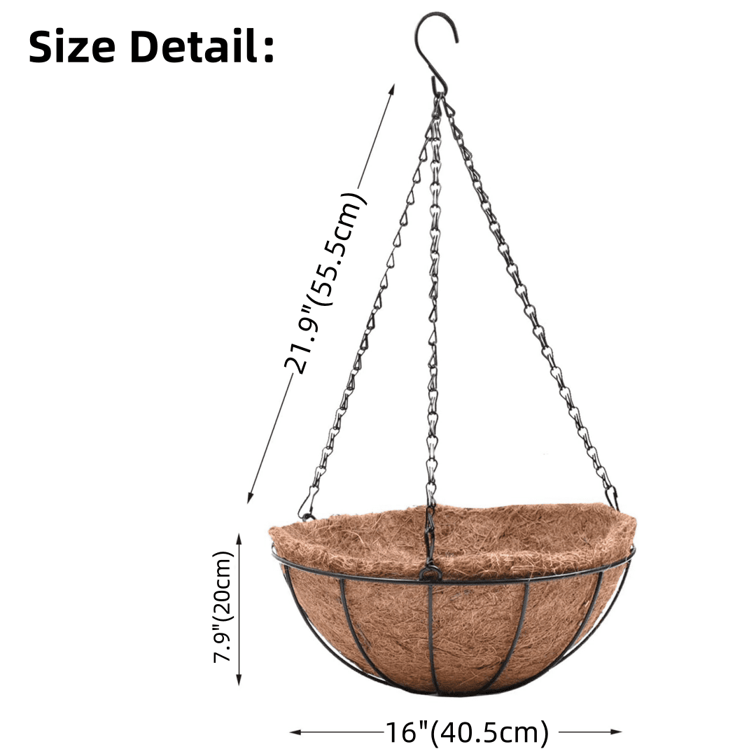 16 Inch Metal Hanging Basket with Coconut Liner,Rust-Resistant Wire Planter Flower Pot Holder for Indoor Outdoor Plants, Garden Balcony Patio Decoration