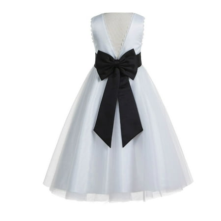 

White V-Back Lace Edge Junior Flower Girl Dress First Communion 183T