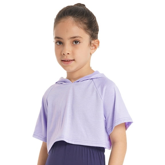 Yeahdor Kids Girls Short Sleeve Hooded Crop Top Solid Color Sports Running Jogging Tops Lavender 6