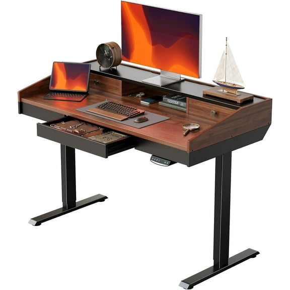 FEZIBO 48" Whole-Piece Standing Desk Adjustable Height with Drawers, 48 x 24 inches Electric Stand Up Desk with Monitor Shelf, Sit Stand Rising Desk with Baffle, Black Walnut
