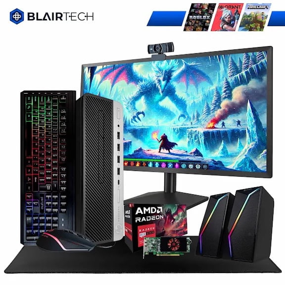 Restored Blair Tech 600G4 PC Gaming Computer Bundle - 24" Monitor - Periphio RGB Keyboard, Speakers, & Mouse - 2K Webcam (Refurbished)