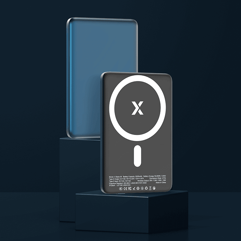 XYZtech X Blade 5K Wireless Power Bank - 5000 mAh - 0.3" Metal Casing Design, Compatible with iPhone and Samsung, Metallic Blue