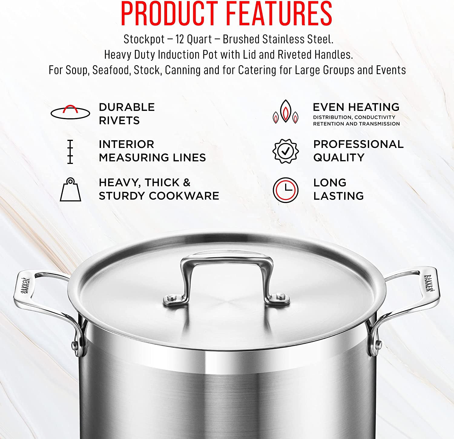 Stockpot – 2 Quart – Brushed Stainless Steel – Heavy Duty Induction Pot with Lid and Riveted Handles – for Soup, Seafood, Stock, Canning and for