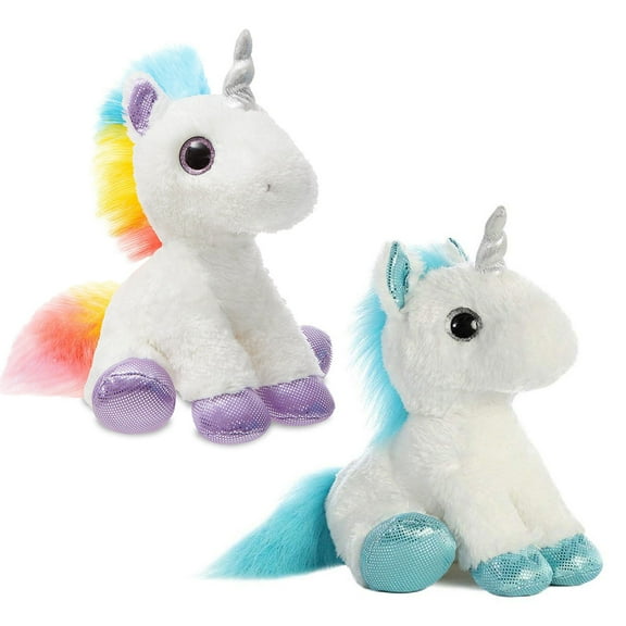 Rainbow and Blue Frosty Unicorn-(Two Packs) Mid-Size stuffed animal- 12" Flopsie- Aurora