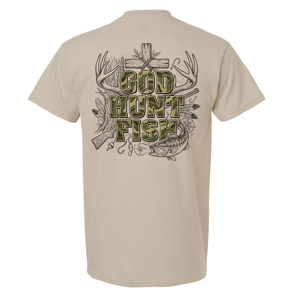 Trenz Shirt Company Men's Christian Camouflage Hunting & Fishing T-Shirt - God, Hunt, Fish Graphic Tee-Sand-Small