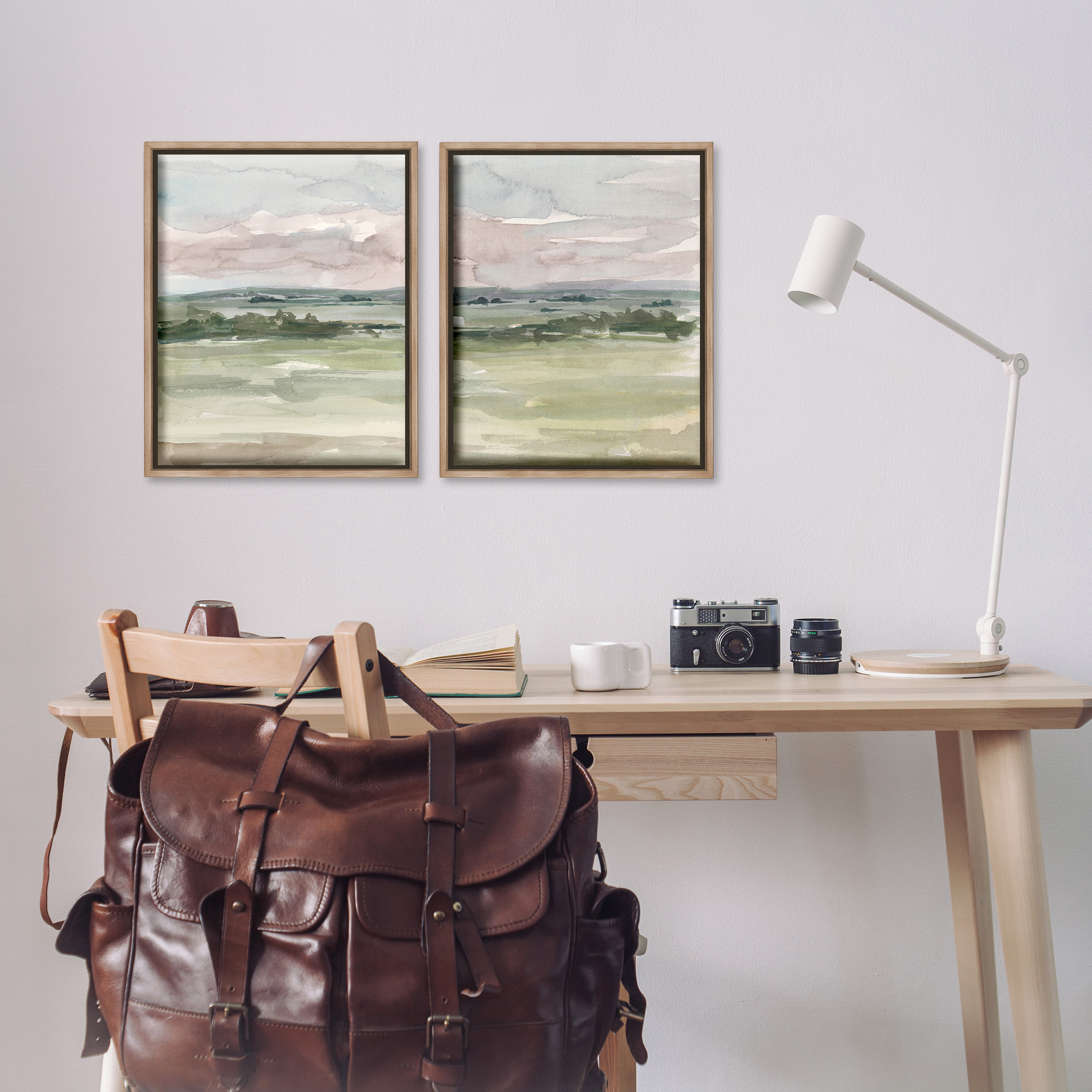 Stupell Industries Rural Landscape Watercolors Landscape Painting Brown Floater Framed Canvas Art Print Wall Art, 17 x 21, Set of 2