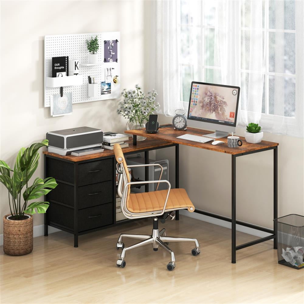Demi Bonn L-shaped Computer Desk with Power Outlet for Working Studying Gaming, Small Home Office Desk Study Writing Table, Brown