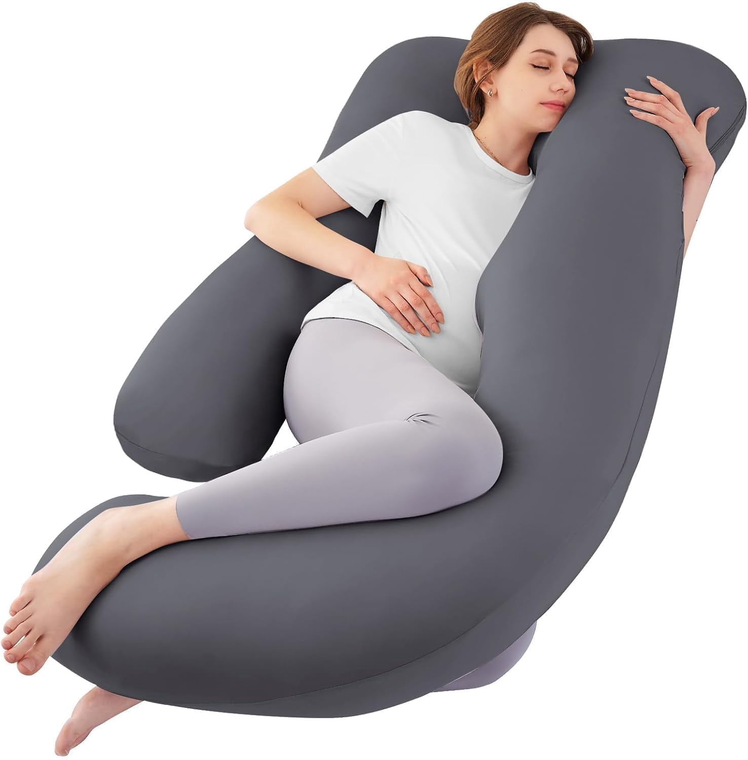 Cooling U Shaped Pregnancy Pillow Full Body Maternity Support with Removable Cover Light Grey Essential Comfort Sleep Aid