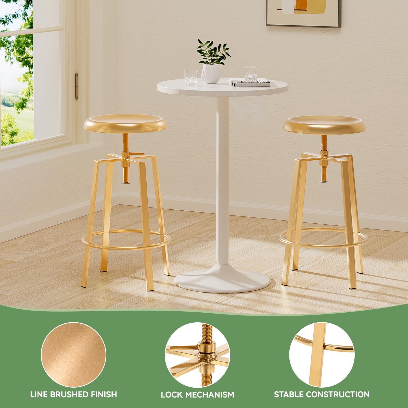 Industrial Bar Stools Set of 2, Metal Adjustable Swivel Four Legged Round Barstools, Atlas Backless Counter Height Bar Chairs for Kitchen Dining, Gold