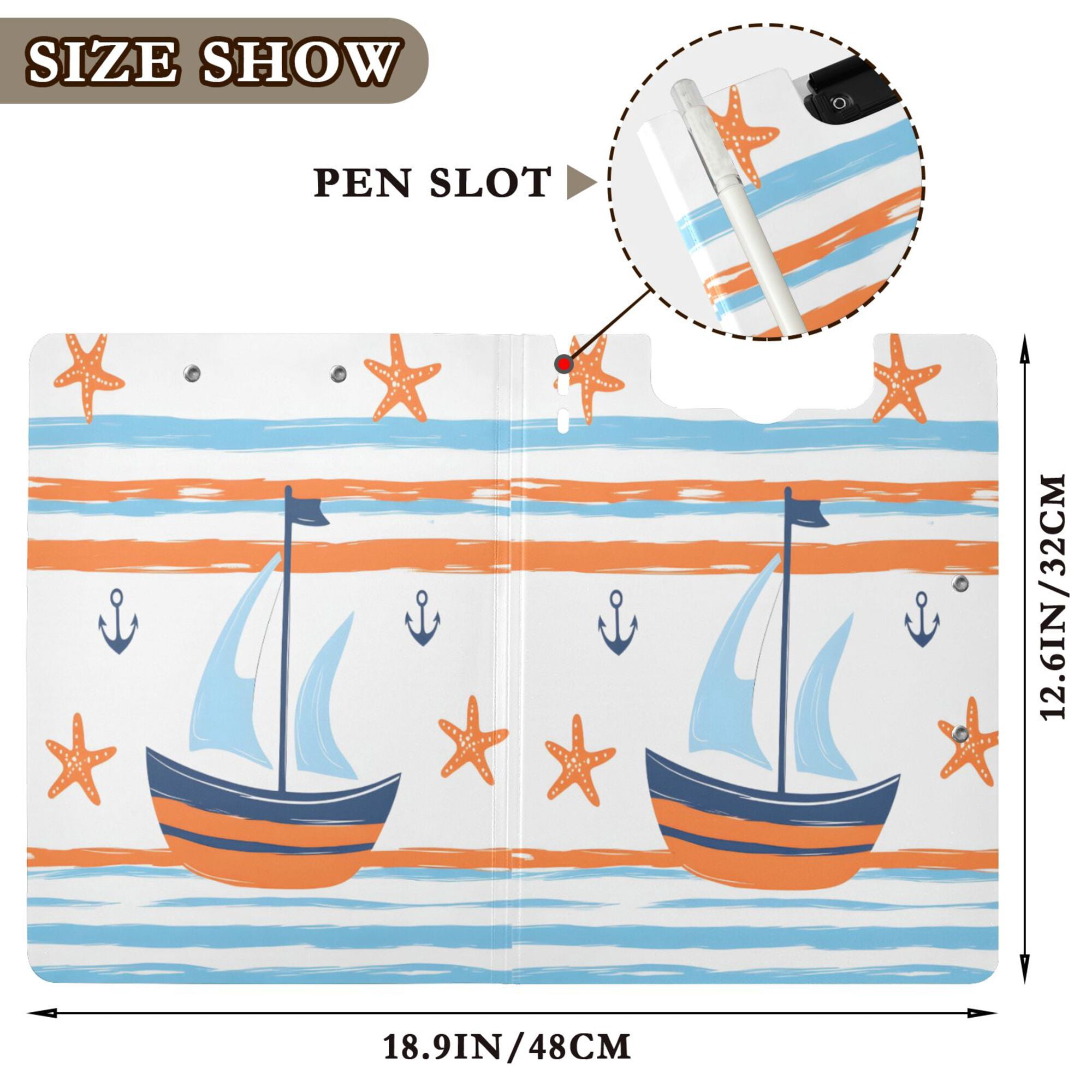FORMRS A4 Clipboard Folder with Pen Holder Horizontal Foldable School Office Binder, Blue Nautical Pattern